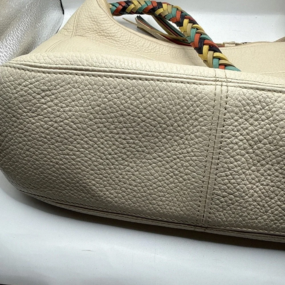 Brighton Ivory Pebbled Leather Hobo Shoulder Bag Multicolor Braided Strap...